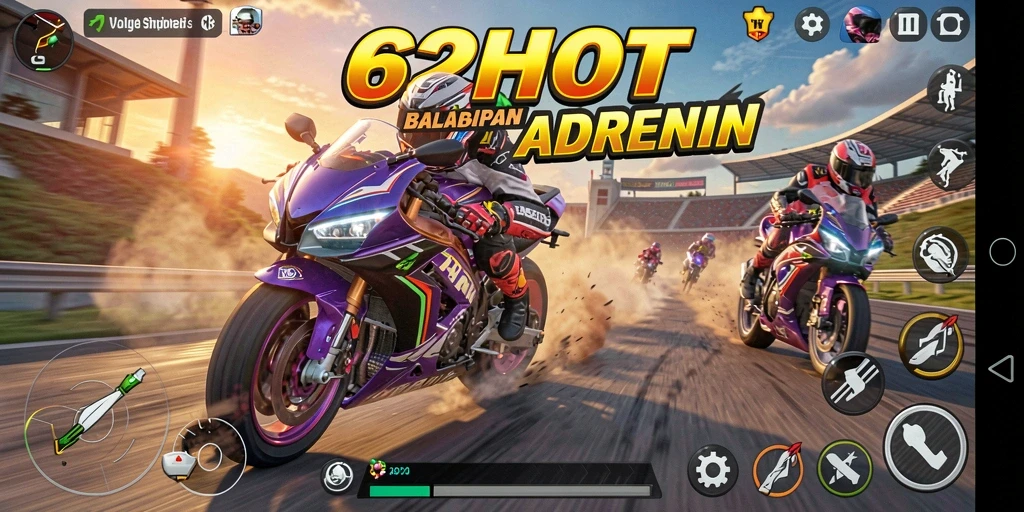 Tampilan gameplay 62HOT dengan balapan motor yang mendebarkan.