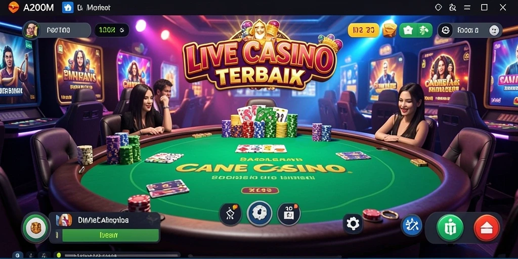 Screenshot gameplay A200M menampilkan dealer yang berinteraksi dengan pemain secara langsung.