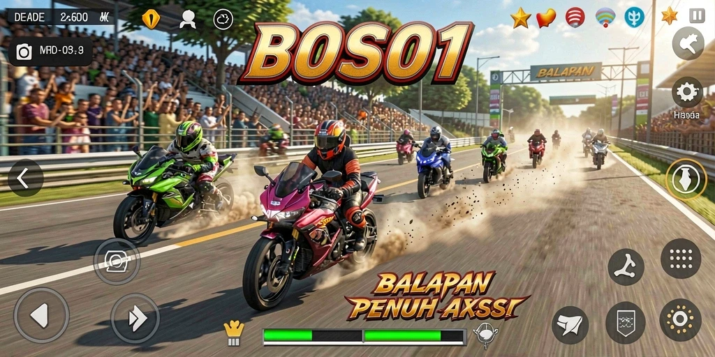 Screenshot gameplay BOS01 yang menunjukkan balapan motor yang seru.
