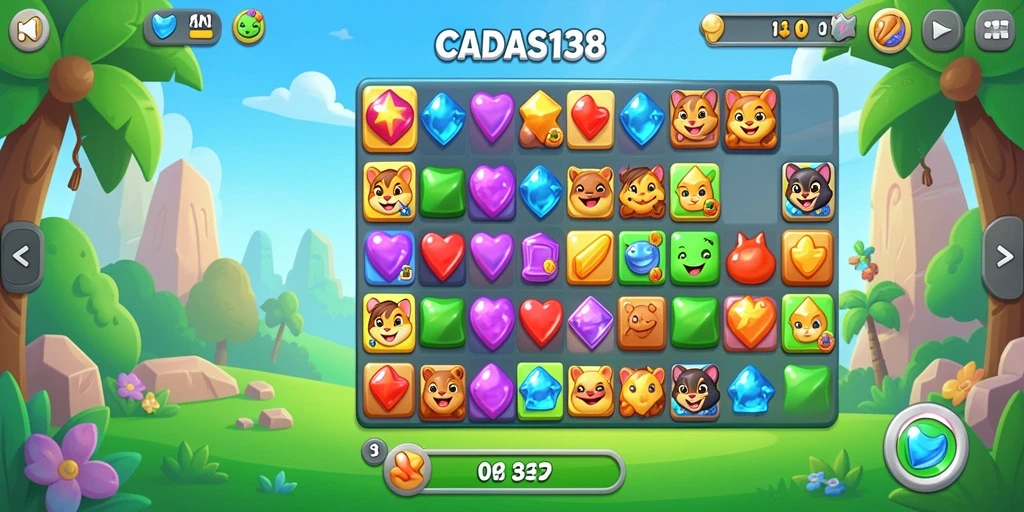Screenshot utama menunjukkan gameplay seru dari CADAS138 dengan elemen Match-3.