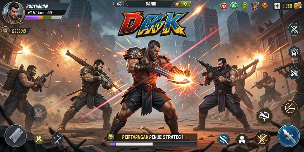 Screenshot menunjukkan pertarungan epik dalam DKK dengan karakter yang beraksi.