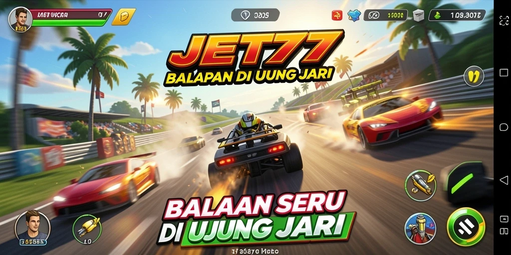 Gameplay balapan mendebarkan di JET77 dengan mobil kencang.