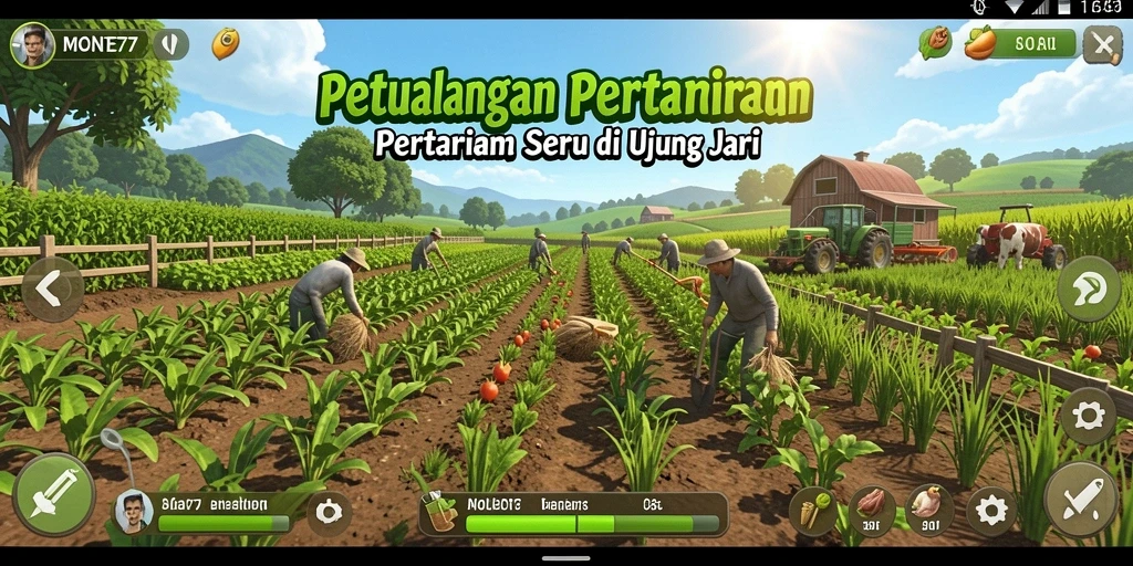 Tangkapan layar gameplay MONTE77 menampilkan kegiatan pertanian yang menarik.