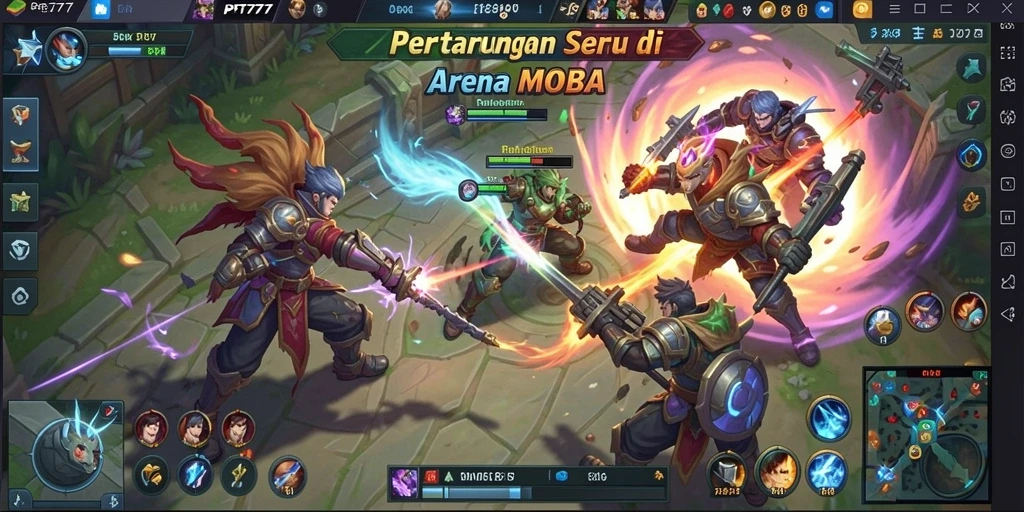 Screenshot gameplay PT777 menampilkan pertarungan seru di arena MOBA.