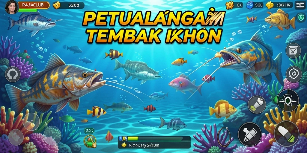 Tampilan gameplay seru RAJACLUB saat menembak ikan-ikan berwarna-warni.