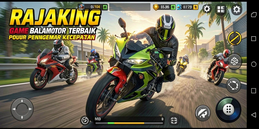 Tampilan gameplay seru di RAJAKING saat balapan motor.