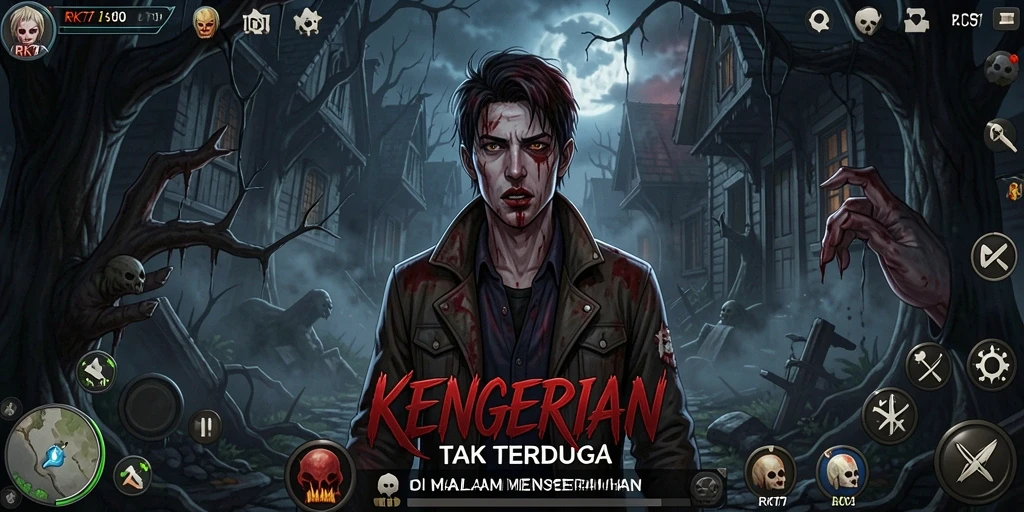 Screenshot utama RK77 menampilkan momen menegangkan di lingkungan menyeramkan.