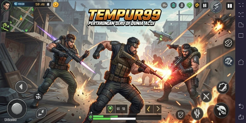Screenshot gameplay TEMPUR99 menampilkan aksi pertarungan yang intens.