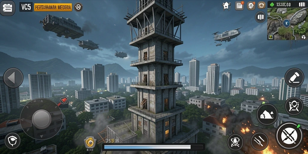 Tangkapan layar VC55 menampilkan aksi pertahanan menara yang intens.