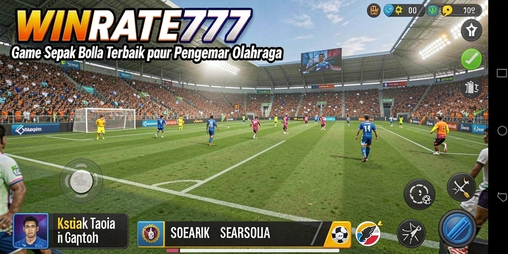 Screenshot gameplay WINRATE777 dengan aksi seru di lapangan sepak bola.